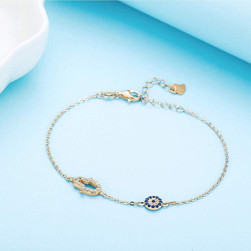 Kaletine Hamsa Hand of Fatima Evil Eye Bracelet Sterling Silver 925 Blue Cubic Zirconia Chain 6.5"+1.5"(Gold) - Image 4